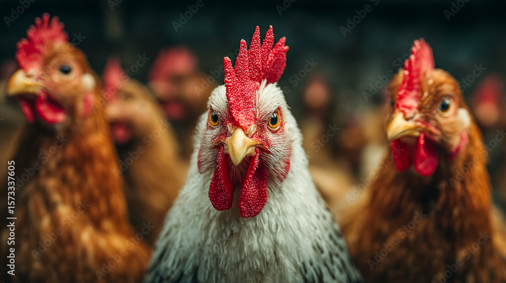 Fototapeta premium Rooster in focus with hens in background on a farmyard 