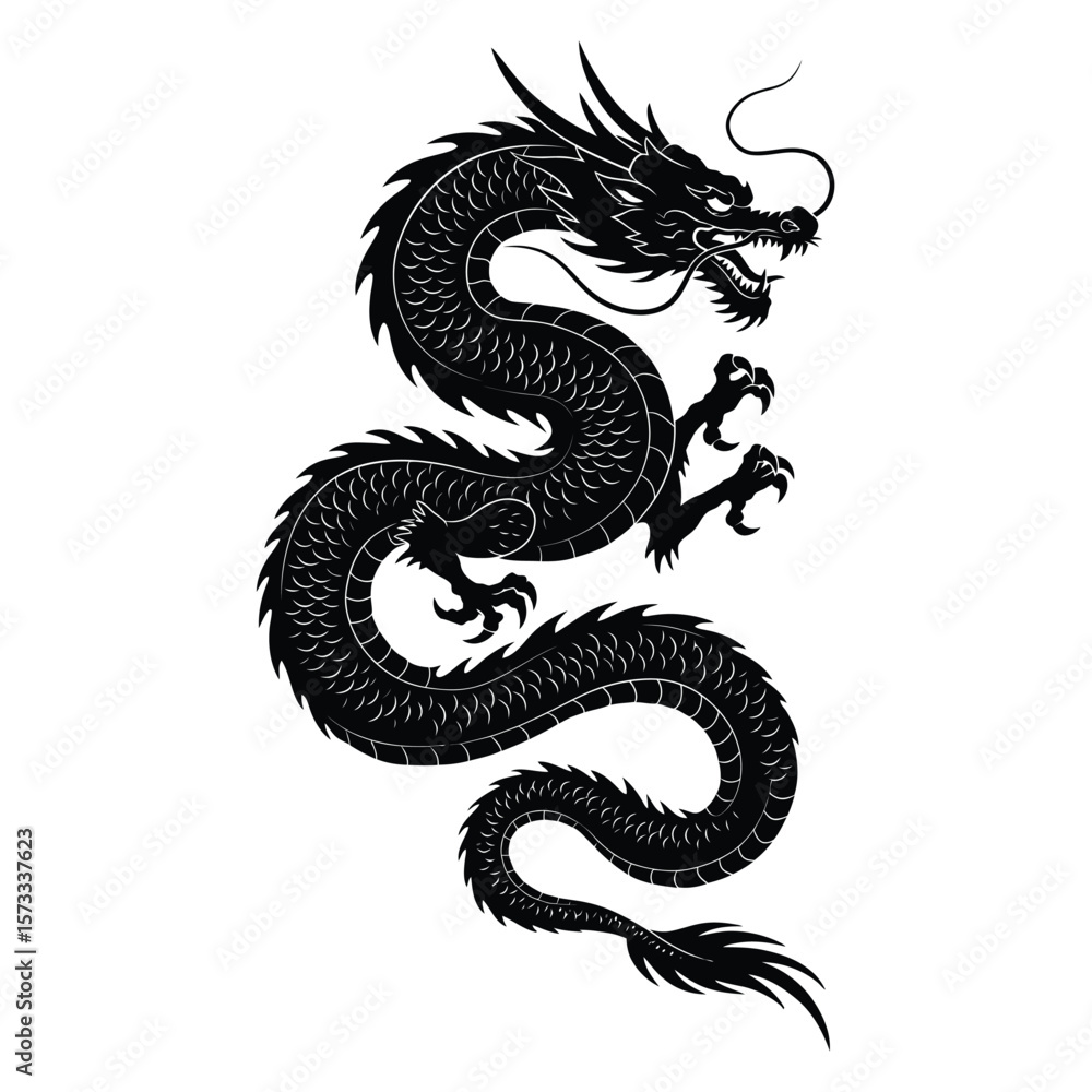 Fototapeta premium Powerful dragon silhouette standing on rock, roaring to the sky, mystical fantasy animal illustration for T-shirt design and branding.