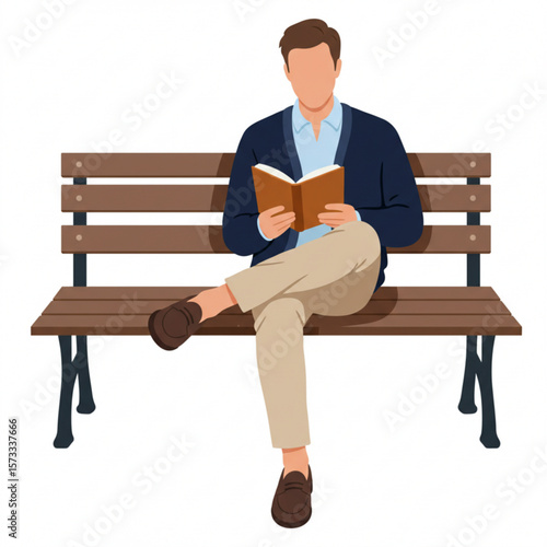 Man sitting on a park bench, cross-legged, reading a book. He is wearing casual attire.