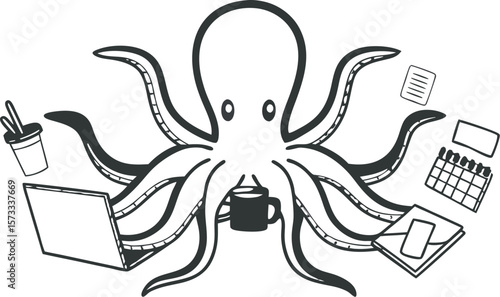 Cute squid office worker typing on laptop, multitasking sea creature, fun corporate vector art