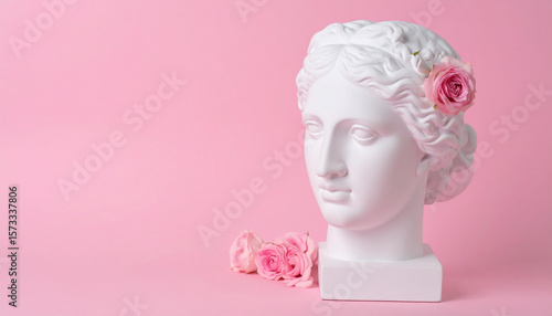 White marble bust of woman with flowers. Plaster antique sculpture.