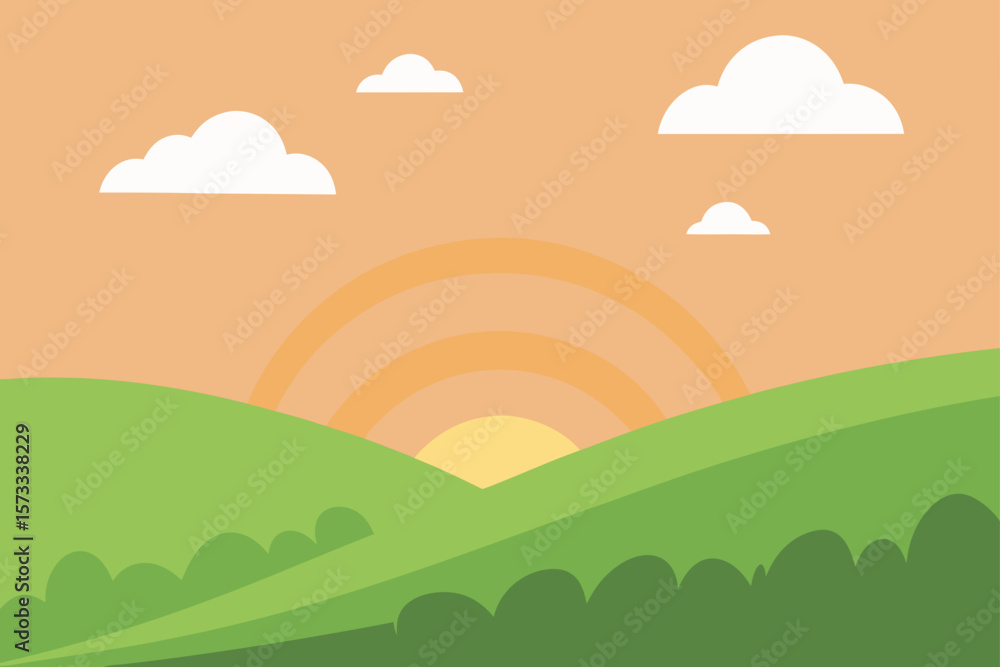 Fototapeta premium grassy slope with sunrise glow soft clouds