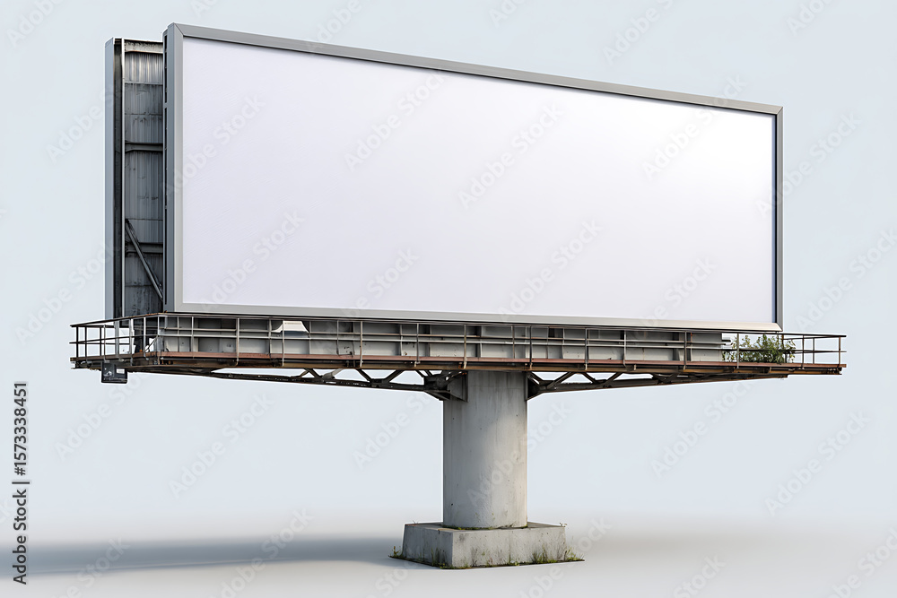 Obraz premium Large Blank White Billboard on Grey Metal Structure with Concrete Support and Sparse Vegetation advertising