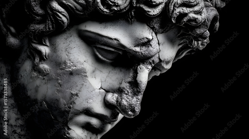 Damaged statue depicting sorrowful greek god in black and white Damaged statue depicting sorrowful greek god in black and white