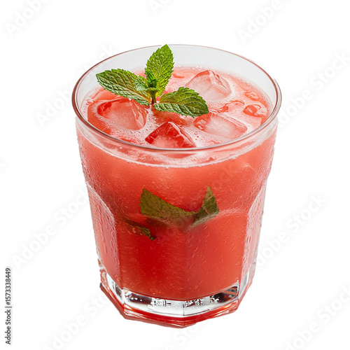 Refreshing watermelon juice in a glass with ice and mint on a white background  