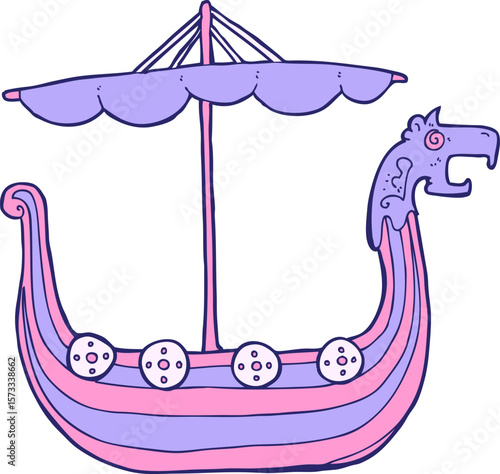 cartoon viking ship in bright neon color