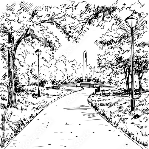 Park scene illustration showcases winding pathway and lush greenery in peaceful setting. Park scene with monument and lampposts creates focal point,