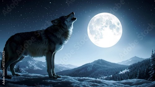 Grey wolf under the moonlight on snowy mountain landscape