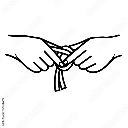 Hands tying knot, close-up view of hands creating a knot, and gesturing with fingers as they carefully form a connection. Hands tying knot represents skill, precision, and manual dexterity in action.