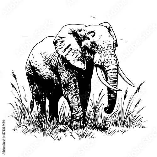 Majestic Elephant drawing in high contrast, showing strong features in black and white. Detailed Elephant drawing depicts its strength and grace, standing amidst tall grass.