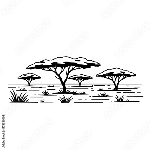 Black and white graphic of African landscape with umbrella thorn trees on savannah is visually striking, its simple and elegant design captures beauty, and invites viewer to imagine natural wonder.