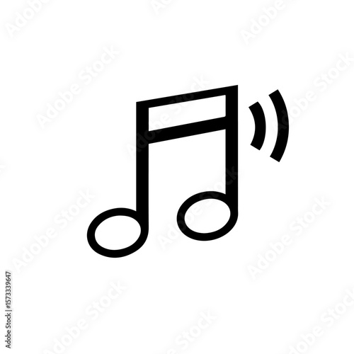 Musical note icon is shown in black and white. Musical note sign illustrates melody and harmonious sound, conveying sonic message and communication.