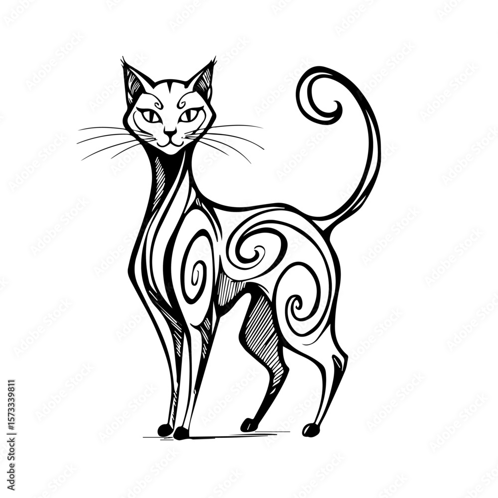 Obraz premium Stylized drawing of an elegant cat, an illustration with swirls and fine lines. Detailed stylized cat with spiral pattern, standing gracefully and alertly, in ink.