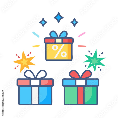 Three gift boxes with a discount sign are sparkling, indicating a special offer isolated on white background