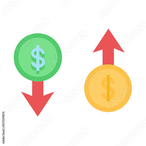 A green coin with a down arrow and a yellow coin with an up arrow are isolated on white background, illustrating finance