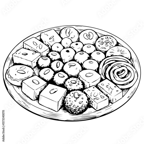 Indian sweets assortment offered on plate with traditional desserts, creating a delectable scene. Collection of Indian sweets includes traditional elements, delicious snacks and cultural significance.