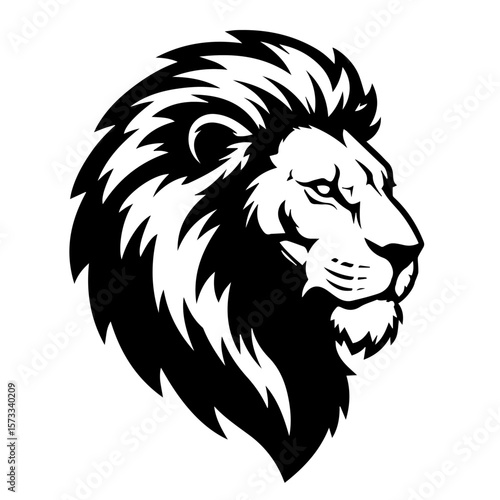 Majestic lion head in monochrome artwork. Dramatic lion head, showing powerful feline in black and white, creates impact. Striking lion head, perfect for branding or symbolic use of strength.