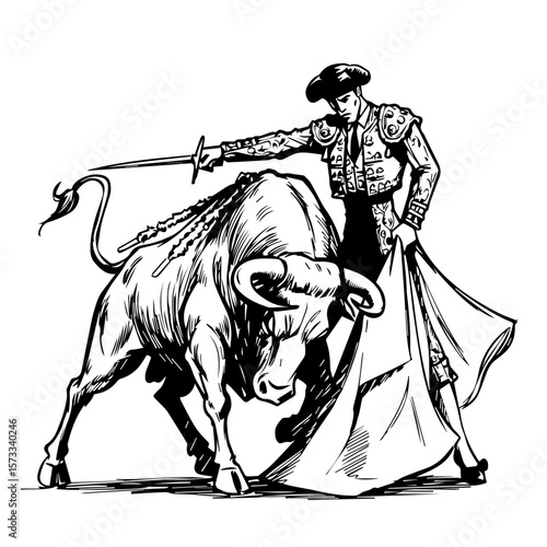 Bullfighting action shows matador with sword facing strong bull. Bullfighting traditional and dangerous spectacle in Spanish culture. Bullfighting is demonstration of skill, courage, and artistry.
