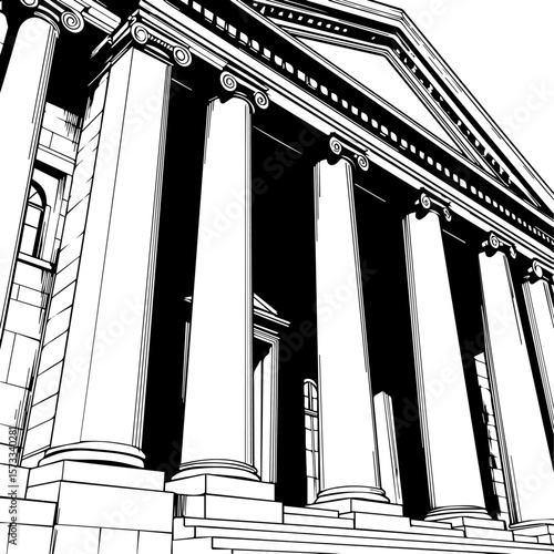 Building facade features prominent columns, adding architectural grandeur and emphasizing the building facade. Building facade includes an imposing row of columns and steps,