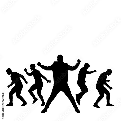 Silhouette of people dancing, dancing figures, dancing group depicted in black against white. Dancing group shows energy and motion, dancing poses add dynamism. The dancing group,