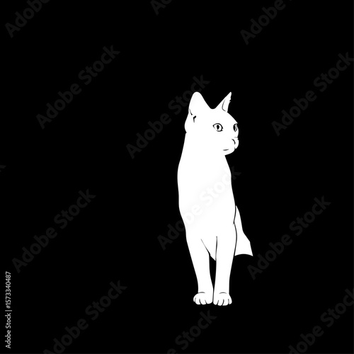 An elegant cat illustration of a sleek white domestic feline on solid black background. Elegant cat, domestic shorthair illustration in profile, shows off its simple and graceful shape,
