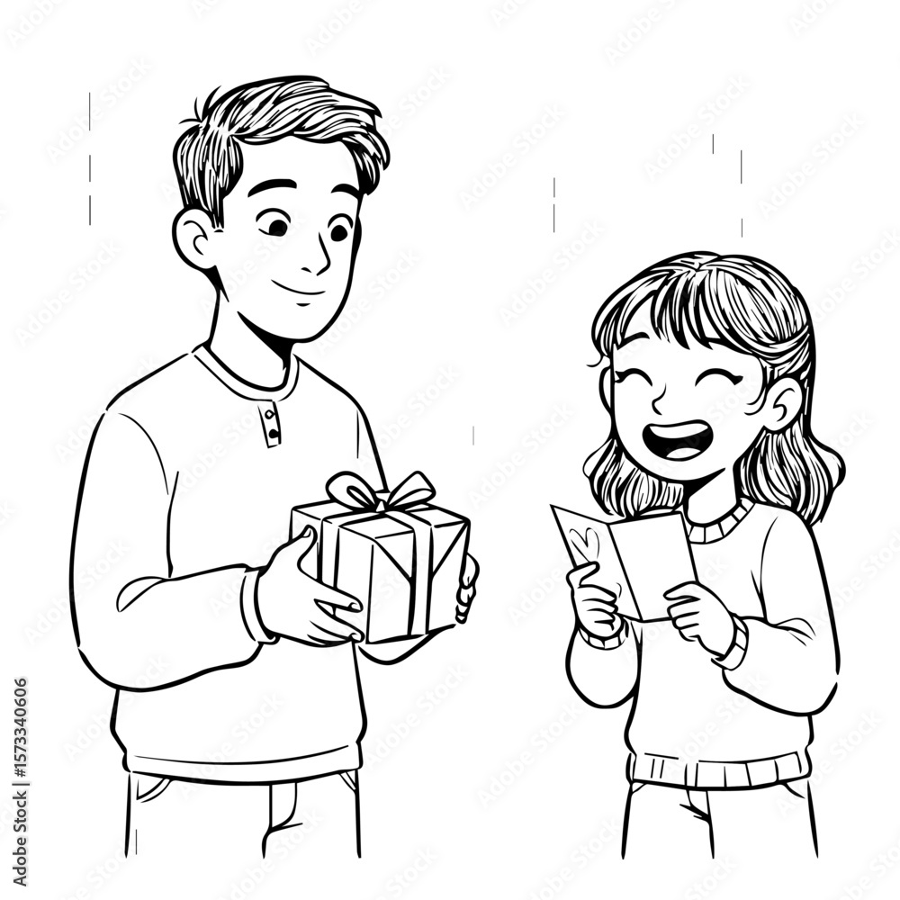 Father's Day celebration with daughter giving gift and card to her father, Father's Day card illustration shows joy and connection. Father's Day celebration with daughter giving gift and card to her father, Father's Day card illustration shows joy and connection.