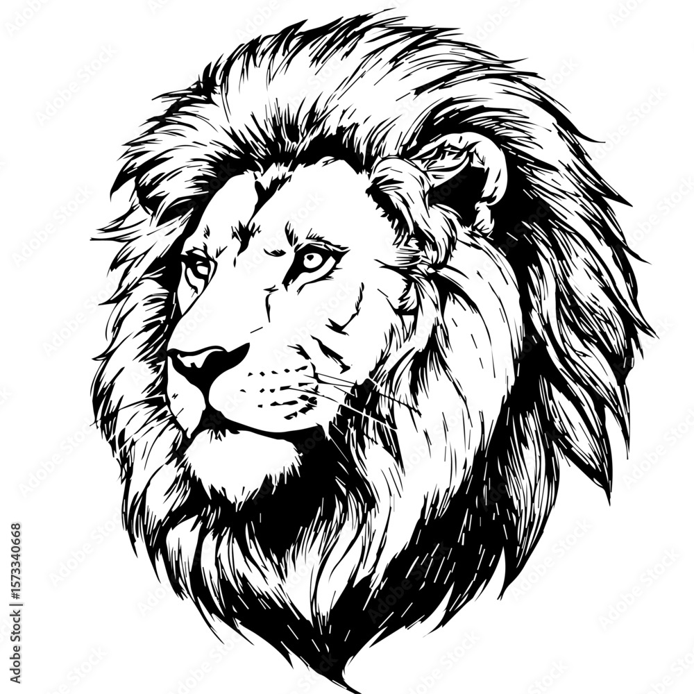 Fototapeta premium Lion illustration shows black and white lion drawing, with a regal cat head. This lion illustration shows a drawing on white background, representing power and strength.