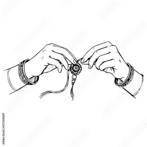 Raksha Bandhan line art illustration shows hands tying rakhi, a traditional wristband, as part of this special Hindu celebration.