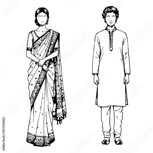 Woman wearing traditional indian dress sari and man wearing traditional indian dress kurta pajama. Traditional indian dress for woman and man includes detailed designs.