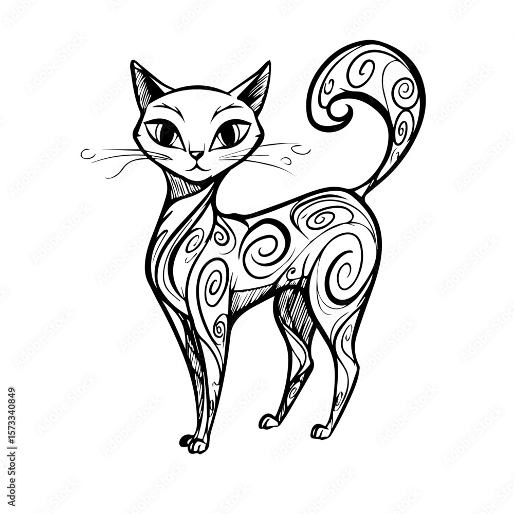 Obraz premium Stylized sketch of cat with ornamental swirls, this cat illustration exhibits artistic style. Swirling patterns enhance cat drawing, offering unique, aesthetic appeal.