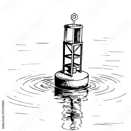 Drawing of sea mark in wavy waters. This sea mark drawing shows navigational buoy with ripple effect in still water. Use sea mark drawing for a nautical illustration, maritime concept,