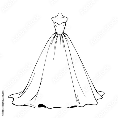 Elegant bridal gown, a beautiful strapless ball gown sketch for fashion illustration. The wedding gown features a sweetheart neckline, cinched waist, and flowing skirt,