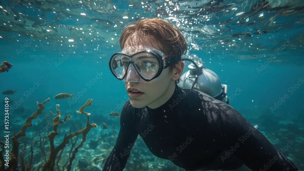 Fototapeta premium A diver explores the ocean depths, observing the marine environment.