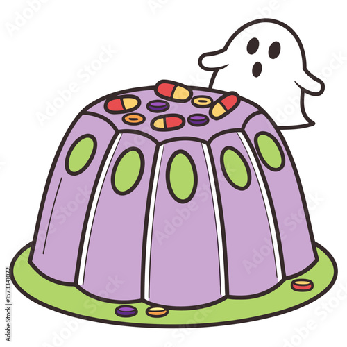 A cartoonish image depicting a purple jelly dessert with green accents and a ghost standing behind it nicely