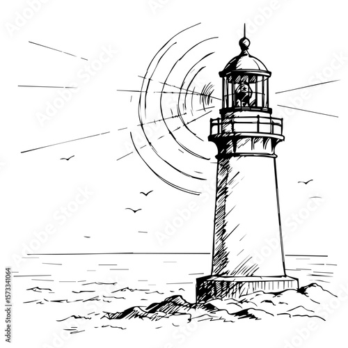 Lighthouse sketch stands tall against the waves, a beacon of hope amidst stormy seas, hand drawn. Lighthouse sketch provides guidance and safety for passing ships.