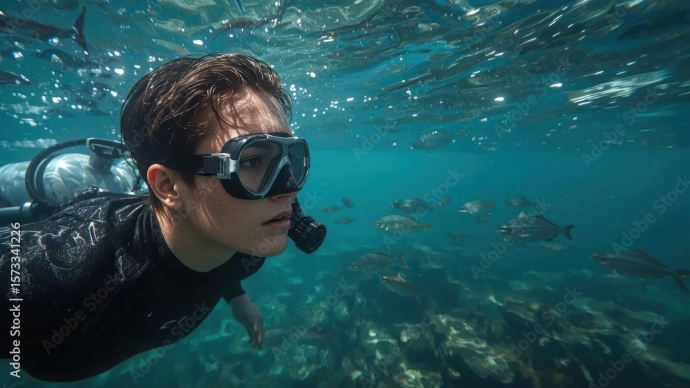 Fototapeta premium A diver explores the ocean depths, observing the marine environment.
