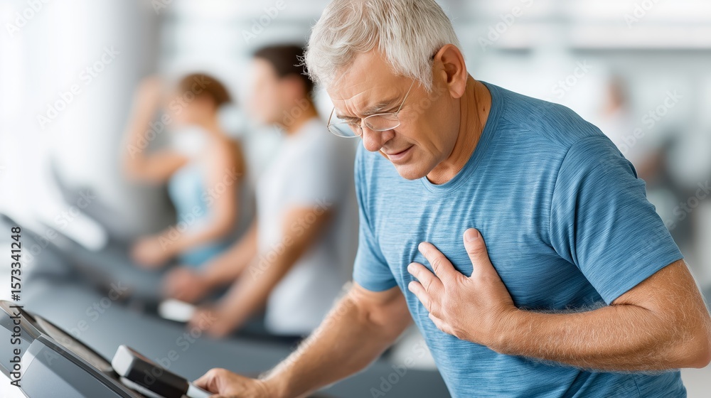 Obraz premium Older man clutching chest in visible heart pain while exercising on treadmill at gym symbolizing health risk and emergency warning, Generative AI
