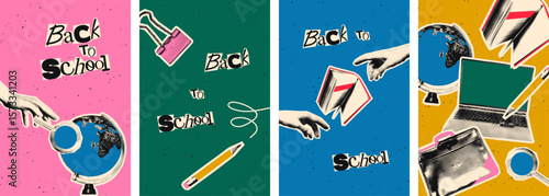 Back to school vertical banner templates set with halftone collage elements, education concept. Modern retro mixed media vector illustration for flyer, brochure, poster, card, sale, advertising