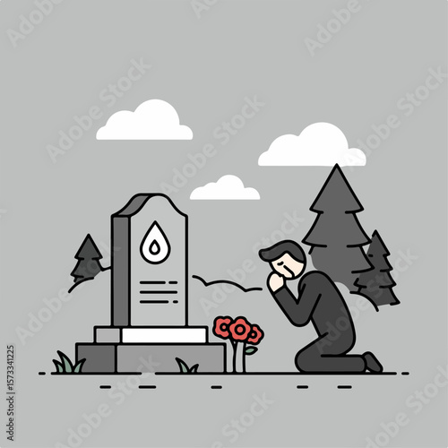 Mourning a loss at graveyard with tombstone on gray background. Mourning a loss includes bouquet of red flowers laid at the grave and man kneeling, grieving his departed loved one.