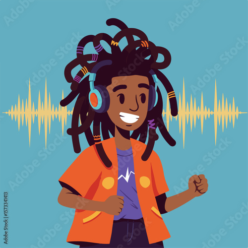 Energetic animation image depicting music fx with dark skinned character wearing headphones and dancing. Animation image shows sound wave and stylish young adult enjoying music.