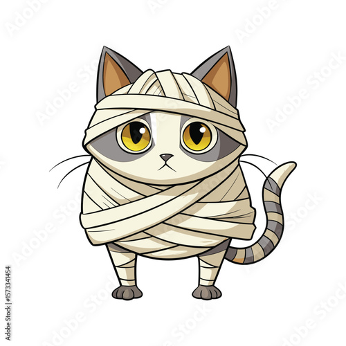 Funny mummy cat wrapped in toilet paper vector illustration, cute Halloween humor design, white background, cartoon style for kids and adults, printable art.