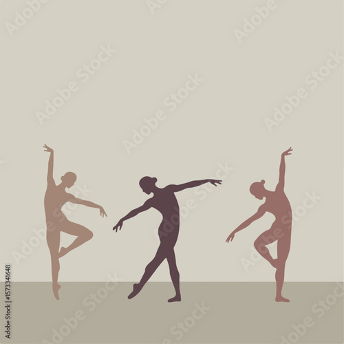 Three silhouette dancers gracefully pose in elegant positions, showing movements and flexibility. Silhouette dancers elegantly express performance artistry, highlighting grace, balance,
