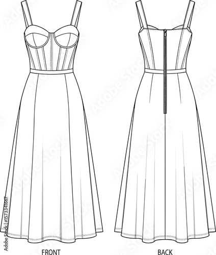 Elegant Back-Zip Dress with Corset Detail, Classic Evening Gown Fashion Illustration for Designers