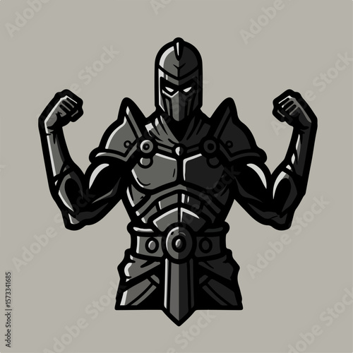 Armored knight warrior flexing with muscular arms, symbolizing strength and power. Armored knight represents protection, resilience, and might in a visual format. Armored knight for game development,