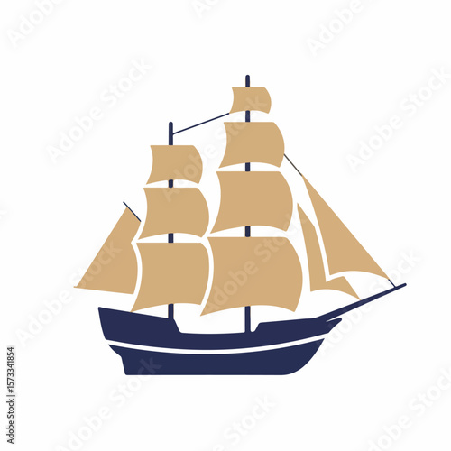 Illustration of sailing ship featuring tan sails and navy hull, a vintage vessel depicted on a white backdrop. Sailing ship design conveys nautical spirit, evokes maritime history,
