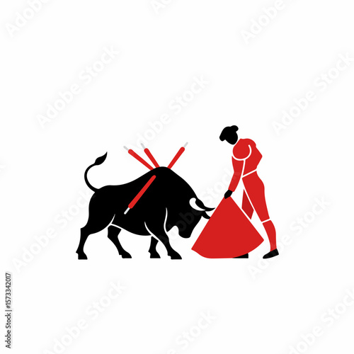Matador bullfighting graphic, a black silhouette of an injured bull in combat with toreador. Matador bullfighting action depicts classic spanish tradition with blood sport imagery.