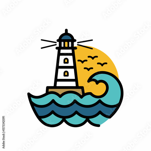 Lighthouse illustration on sea wave against sunset sky is great. Lighthouse illustration features navigational tower and ocean wave to guide ships safely, ensuring safe travel.