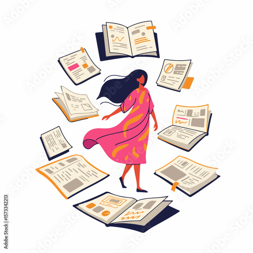 Woman surrounded by scattered documents showcases information overload, with scattered documents and sheets swirling around her. Conceptual scattered documents depict busy work, deadlines, and stress.