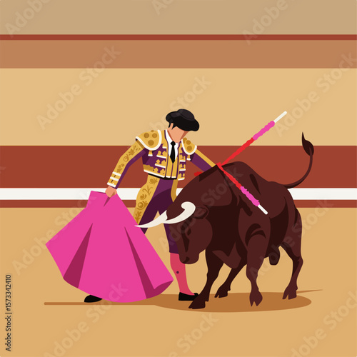 Bullfighting performance in bright arena with skilled matador and powerful bull. Bullfighting event shows matador facing off against strong animal, in a contest of courage.