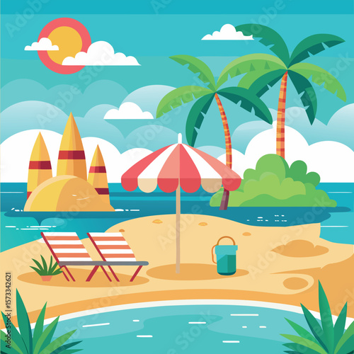 Sunny Beachscape with Umbrella and Loungers